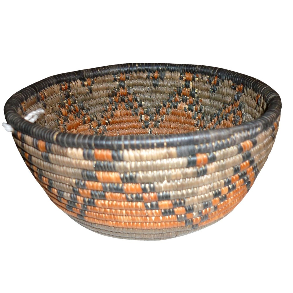 Vintage Hand Woven Coiled Basket Bowl Geometric Southwestern Earth Tones 6.5"